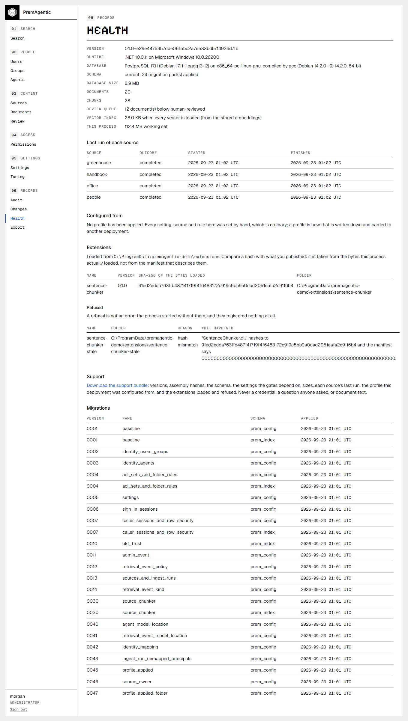 Health: what this process loaded and what it refused, with the hash of the bytes loaded; what the deployment was configured from; every migration applied.
